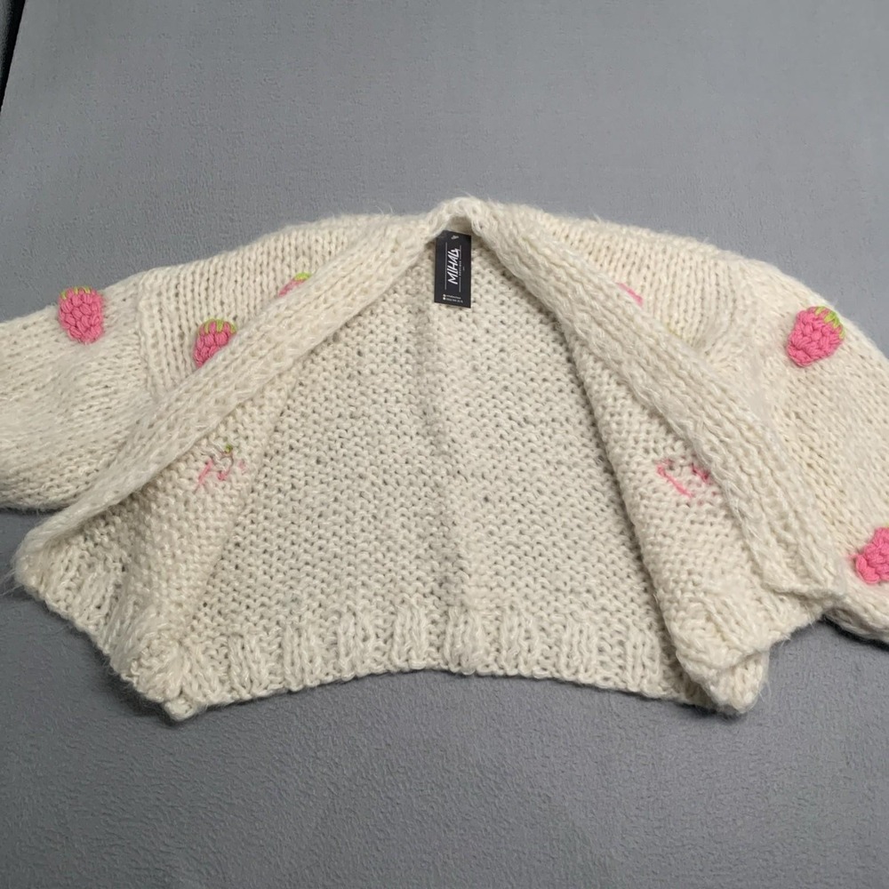 European Hand Knit Cardigan 3D Strawberry Balloon Sleeves Open Front Cream Sz M - Picture 9 of 10